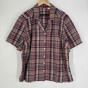 Vintage Papagallo Women Seersucker Plaid Button Up Top Size 3X Preppy Breathable